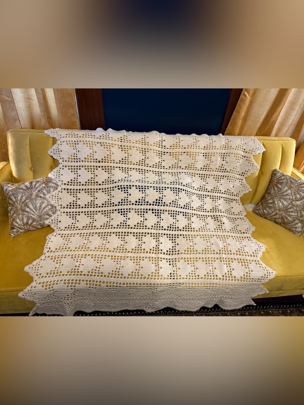 Vintage White Crocheted Heart Throw